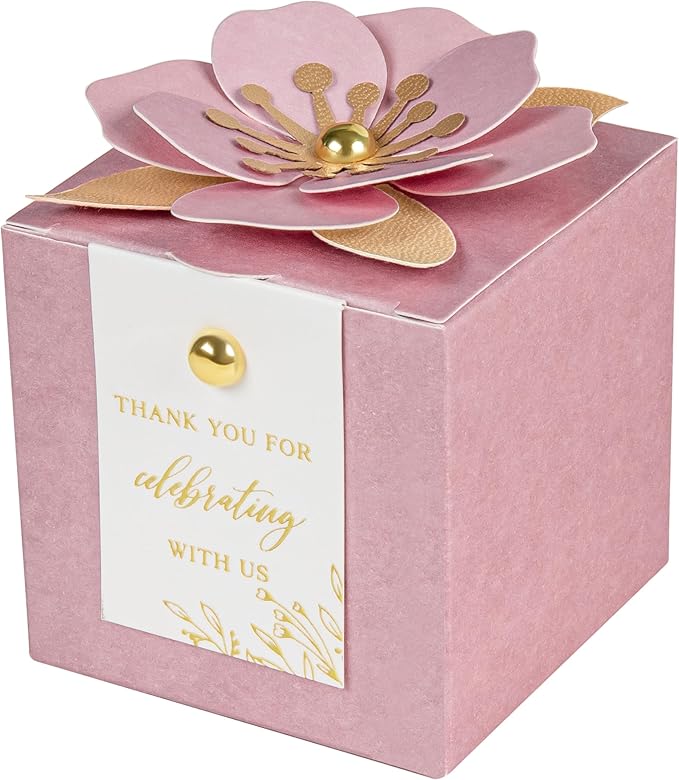 FEIYI 20 PCS Favor Boxes, 3 In 1 Dusty Rose Candy Boxes with Floral Decor, White Thank You Tags Gold Foil Print Gift wrapping for Wedding, Baby Shower, Birthday, Decorations Party - 2.55x2.55x2.55
