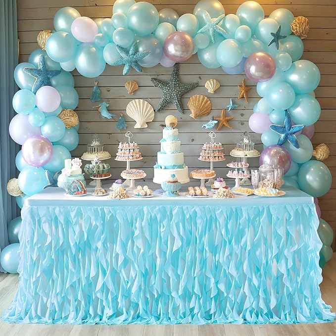 Partisky Aqua Blue Tulle Curly Willow Table Skirt for Rectangle Table 6ft, Ruffle Tutu Table Cloth for Boys Baby Shower,Birthday Party Candy Cake Tables