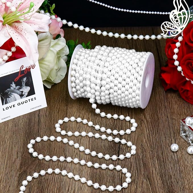 59 Feet 8mm Pearl Strings Garland for Crafts, Artificial Pearl Beaded Trim Chain Roll Strands for Wedding Centerpieces Bouquet Party Decoration Christmas Tree Garland, White