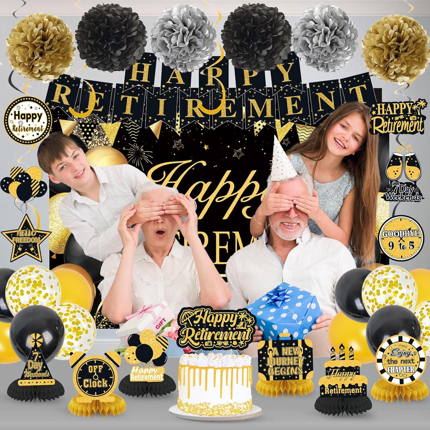 Retirement Party Decorations for Men Women Black Gold Happy Retirement Banner Backdrop Balloons Paper Pompoms Honeycomb Centerpiece Cake Topper Hanging Swirl Set