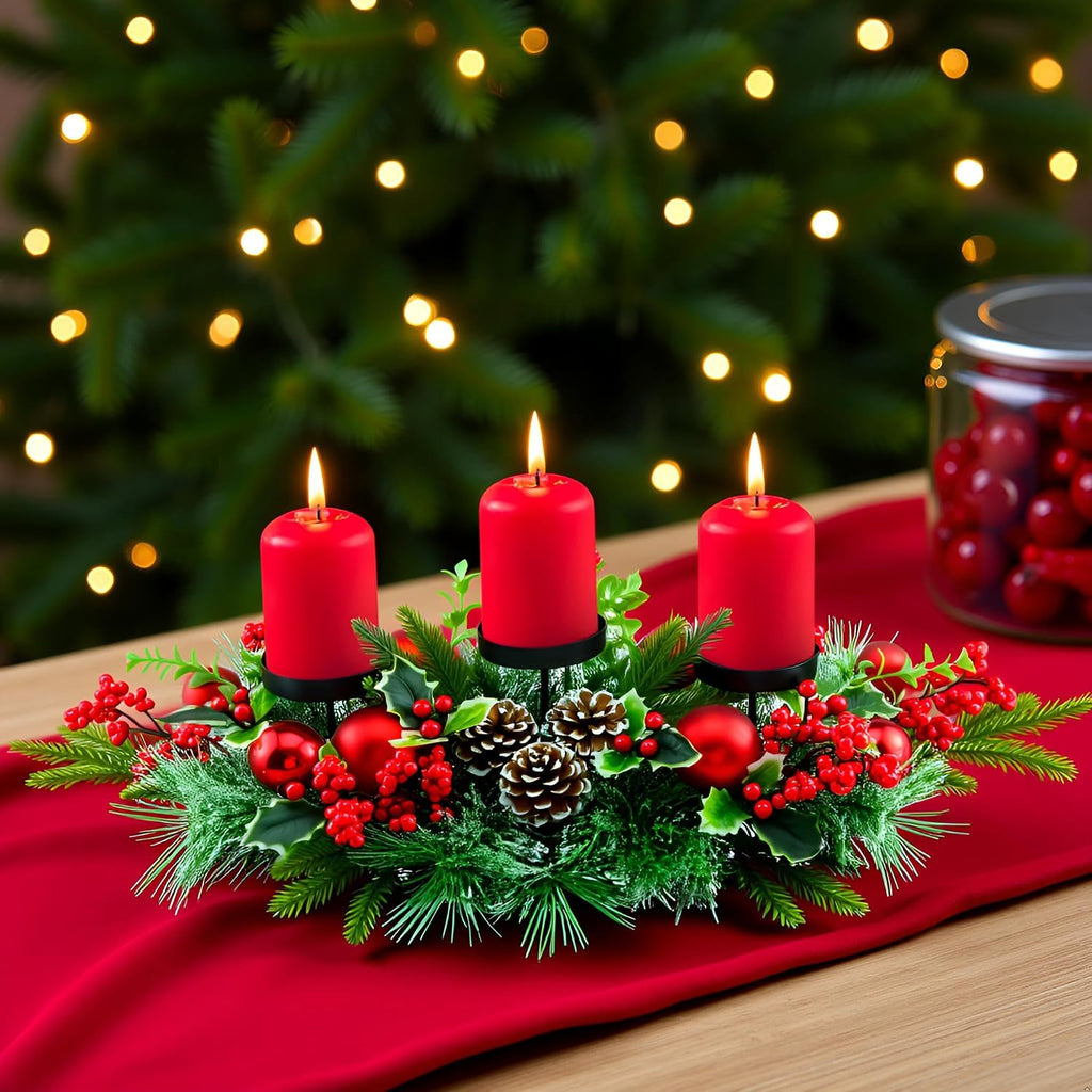 YULETIME 28" Christmas Triple Candelabrum, Red Baubles, Berries, Pine Cones | Three Trays Holder, Tray diameter 3.15-in, Candles Not Included, Holiday Centerpiece, Red Theme