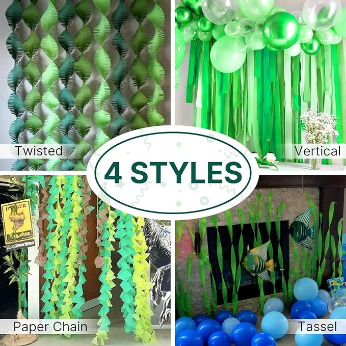 PartyWoo Crepe Paper Streamers 4 Rolls 328ft, Pack of Bluish Green Party Streamers, Crepe Paper for Birthday & Wedding Decorations (1.8 in x 82 Ft/Roll)