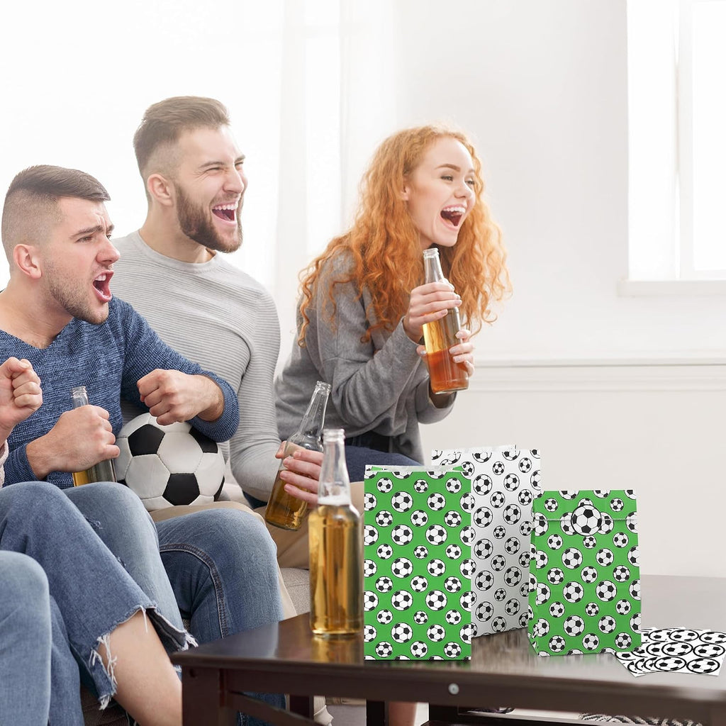 MIMIND 24 Pack Soccer Party Favor Paper Bags White Green Soccer Snack Bags with Stickers Birthday Goodie Treat Bags for Soccer Themed Decorations Games Sports Party Supplies