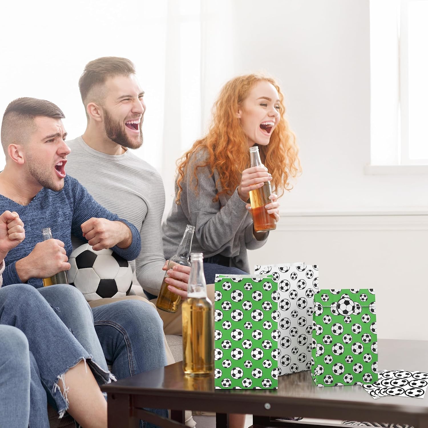 MIMIND 24 Pack Soccer Party Favor Paper Bags White Green Soccer Snack Bags with Stickers Birthday Goodie Treat Bags for Soccer Themed Decorations Games Sports Party Supplies