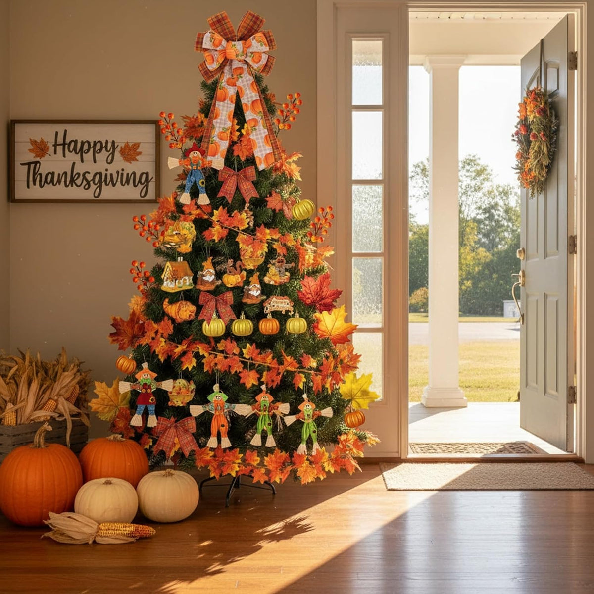 56 Pcs Thanksgiving Fall Tree Ornaments Decorations Large Fall Wreath Bows Tr...