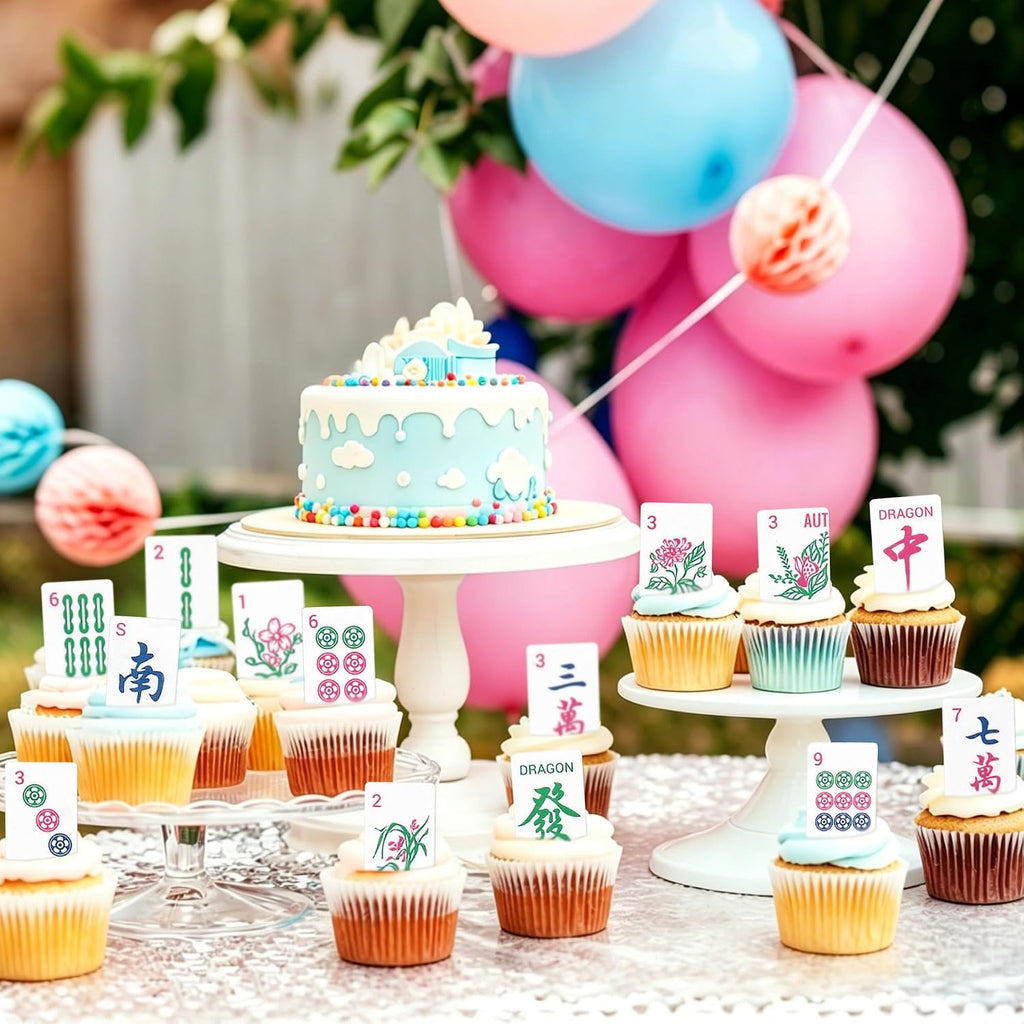 42Pcs Edible Chinese Mahjong Cupcake Toppers Mah-Jong Tiles Cupcake Picks Mahjong Playing Card Cupcake Decorations for Mah-jong Lover Birthday Cake Cupcake Decorations Mahjong Game Party Supplies