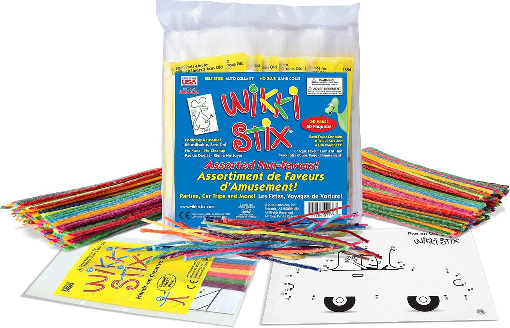 Wikki Stix Bilingual Assorted Fun Favors, Pack of 50 – English/French Mini Play Paks with 8 Activity Sheet, Classroom Rewards, Party Favors, Travel Toys, Made in USA