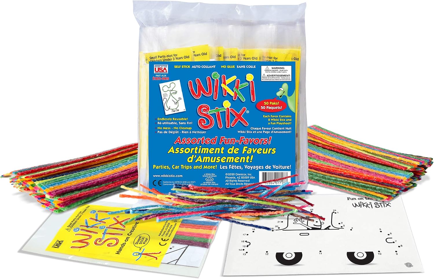 Wikki Stix Bilingual Assorted Fun Favors, Pack of 50 – English/French Mini Play Paks with 8 Activity Sheet, Classroom Rewards, Party Favors, Travel Toys, Made in USA