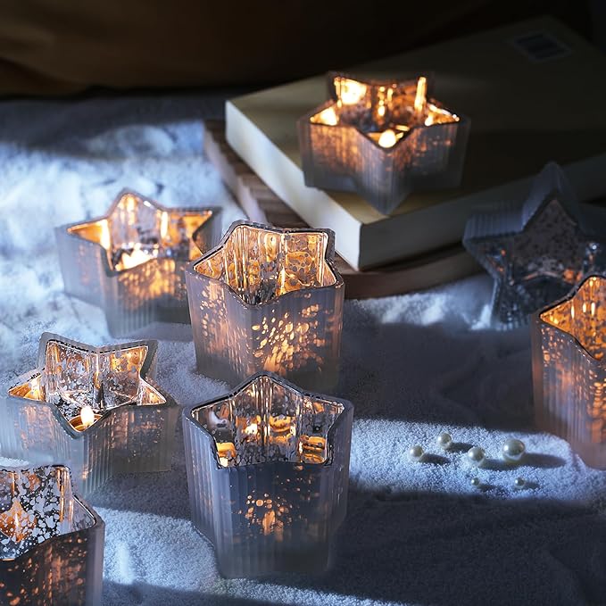 Letine 10pcs Frosted Silver Ribbed Star Candle Cups - Assorted Height Tea Light Candle Holders, Mercury Glass Votives for Wedding, Fall Table Centerpiece& Holiday Decorations (Tall 2.44", Short 1.57")