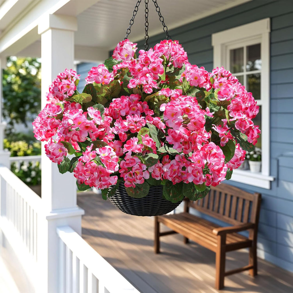Artificial Geranium Fake Flowers for Outdoors Decoration, 6 Bundles Silk Geraniums Pink Flower UV Resistant Look Real Faux Plants for Outside Planter Front Door Garden Porch Patio Balcony Yard Home