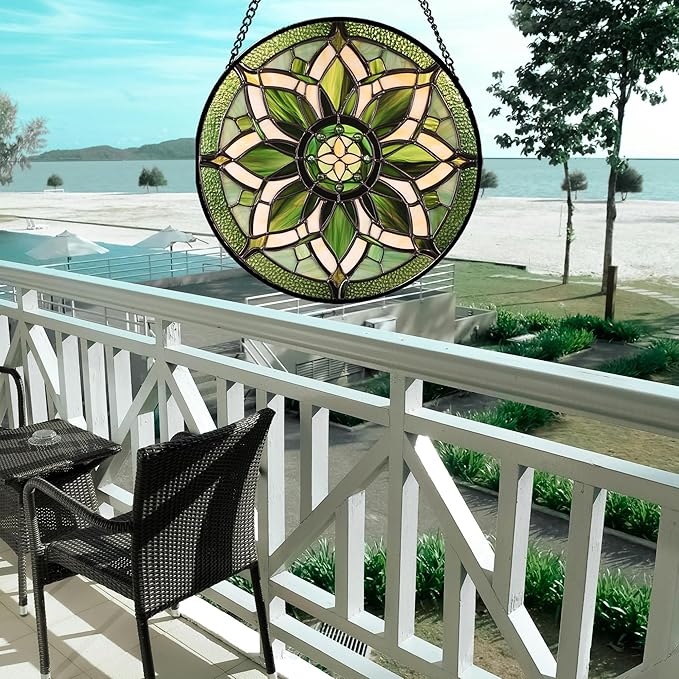 Stained Glass Window Hanging - White Green Boho Flower Suncatcher for Doors Window Home Sun Catchers Decor Christmas Mother's Day Birthday Gifts for Teacher Women Men Mom Nana 7.8 in