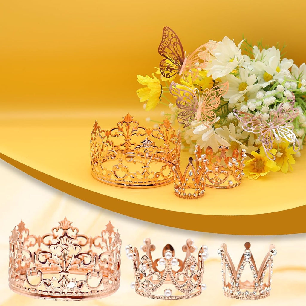 141 Pcs Mini Crown for Flower Bouquets Including 5 Bouquet Crowns, 36 3D Butterfly Decorations and 100 Flower Diamond Pins, Rose Gold Cake Topper for Wedding Birthday Party