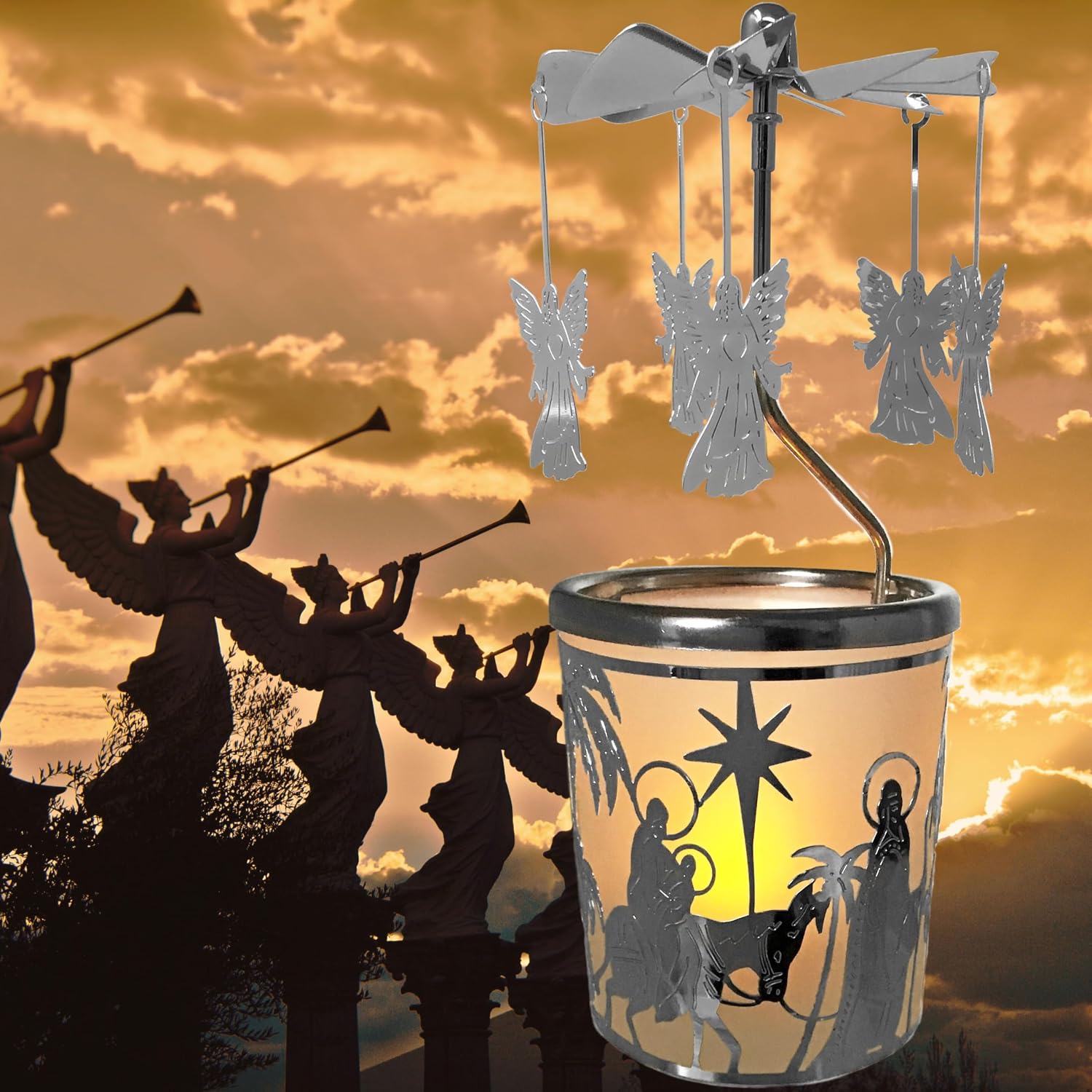 Spinning Angels Christmas Candle Holder - Holy Family Scene - Scandinavian Style -Measures 6.25" x 2.5" and Includes a Smokeless Candle.
