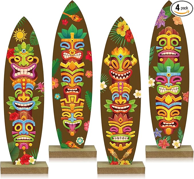 4 Pcs Surfboard Decorations for Party Welcome to Paradise Sign Tropical Bar Table Centerpieces Surfboard Beach Signs for Home Summer Theme Wood Tropical Birthday Party Decor(Tiki Style)