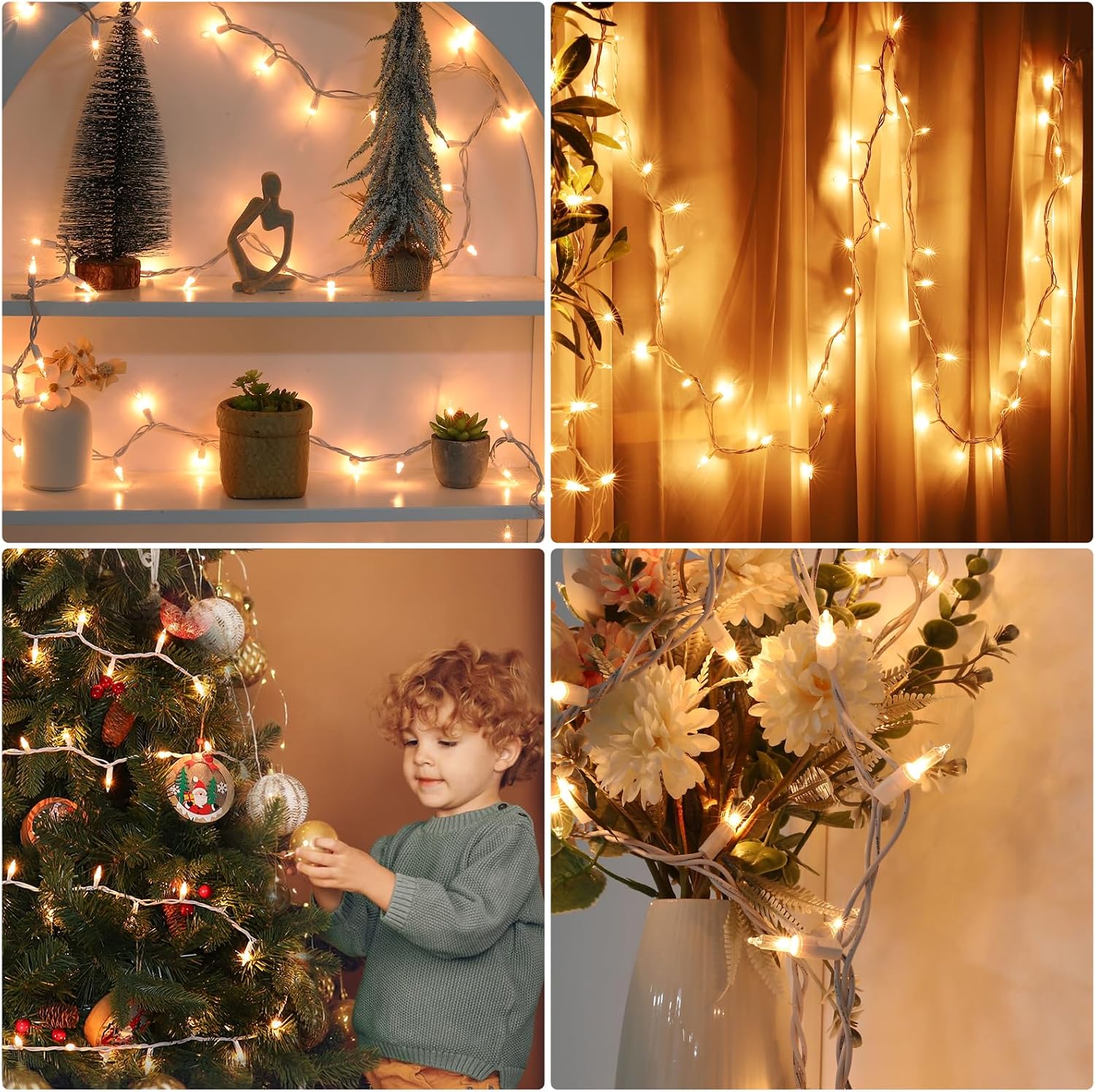 Meteds Christmas Lights 100 Count Clear White Wire UL Certified Connectable Warm White String Lights for Christmas Tree,Garland,Home,Patio, Wedding,Party,Festival Decor