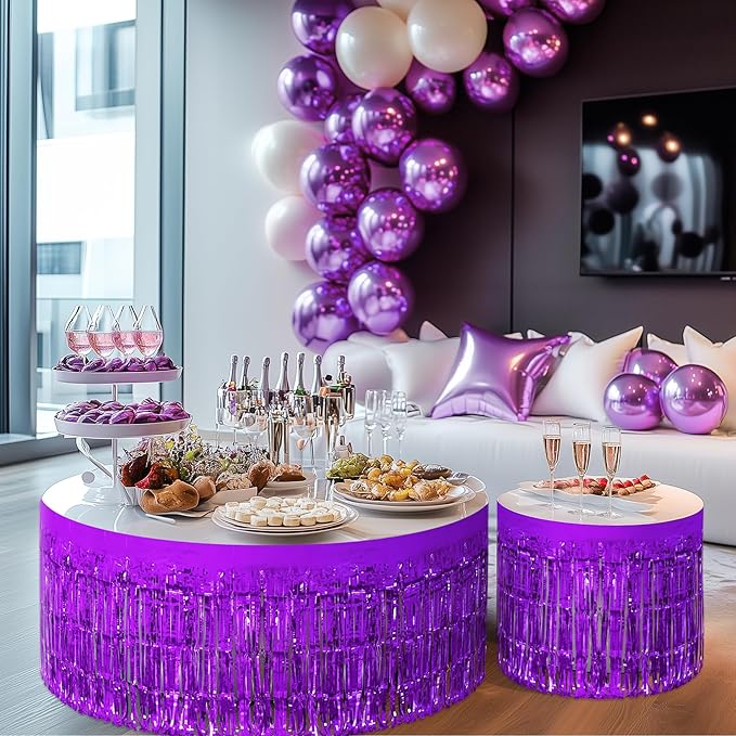 2 Pack Dark Purple Table Skirts, 29x108" Metallic Foil Tinsel Fringe Table Skirts for Rectangle Tables Streamer Curtains Backdrop, Party Decorations for Birthdays Weddings Holidays