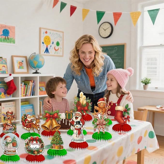 12Pcs Christmas Honeycomb Centerpieces Christmas Table Toppers Decorations Christmas Tree,Snowman,Gingerbread for Holiday Christmas Party Supplies