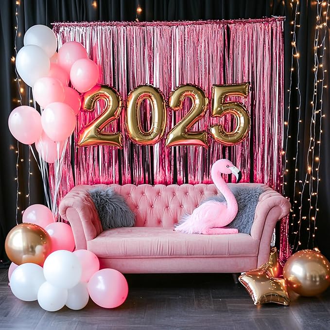 PartyWoo Pink Streamers Tinsel Backdrop Curtain 3pcs 8.2ft Foil Fringe Curtain for Baby Shower Bridal Shower Wedding Pink Cheetah Princess Girl Pajama Theme Birthday Party Celebration Decorations