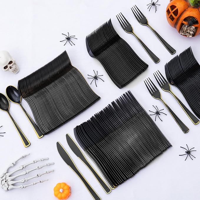 WDF 180 Pieces Black and Gold Plastic Silverware -Halloween Black Plastic Cutlery Incluede 60 Forks 60 Knives 60 Spoons Heavy Duty Disposable Flatware - Gold Utensils for Halloween/Party/Daily Use