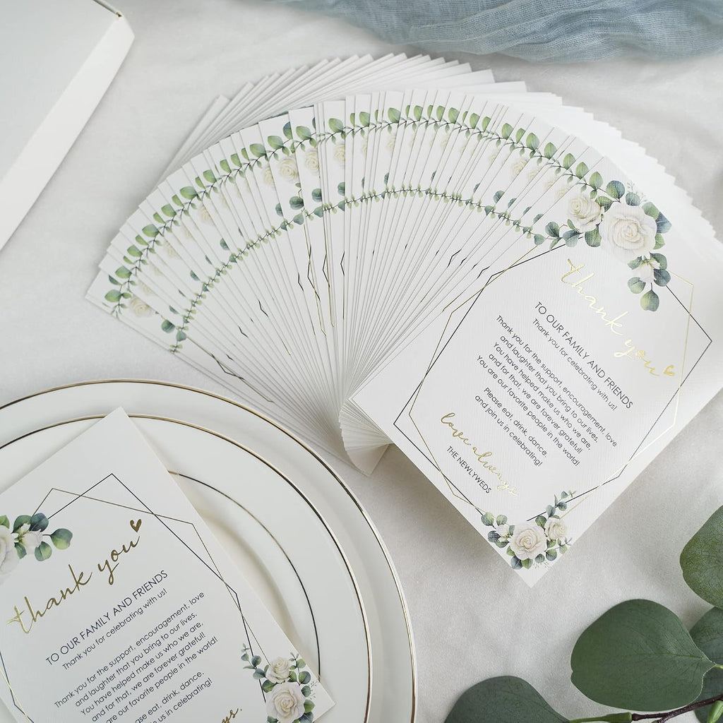 HUIHUANG Wedding Thank You Place Setting Cards, 50 Pieces Wedding Favors Place Cards for Table Setting, Receptions, Dinner Parties, Events and Celebrations (4 X 6 in, Eucalyptus)