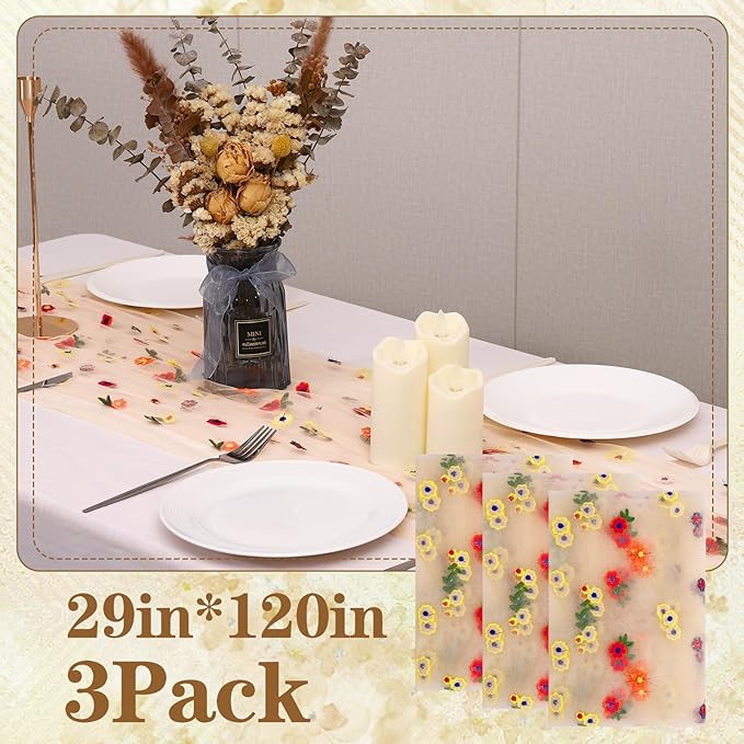 3PCS Champagne Floral Table Runner 10 FT, Embroidery Daisy Table Runners Seasonal Sheer Tulle Table Runner for Thanksgiving Wedding Birthday Baby Shower Party ﻿