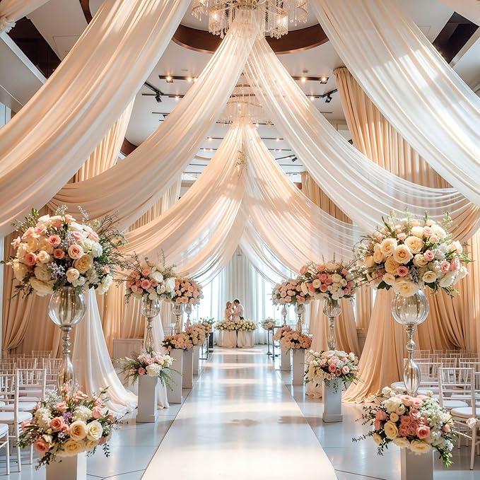 Wedding Arch Draping Fabric,2 Panels 18FT Champagne Arch Drapes Chiffon Fabric Drapery Decorations for Ceremony Reception Party Ceiling Backdrop