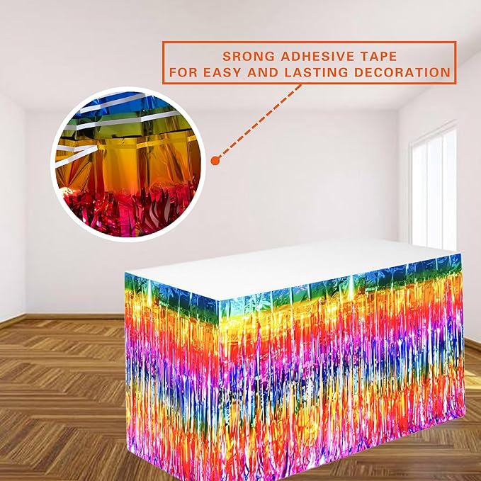 Rainbow Streamers Party Decorations, 2 Packs Gradient Rainbow Table Skirts Metallic Foil Fringe Tinsel for Birthday Unicorn Pride Gay Fiesta Graduation Float Parade Party Supplies - 29x108 Inch