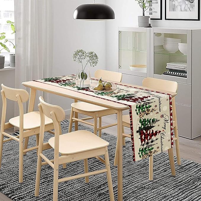 Christmas Tree Table Runner,Farmhouse Xmas Trees Buffalo Plaid Winter Snowflake Tablecloth Burlap for Hotel Indoors Outdoor Dining Room Kitchen Home Decor,W13X L90 in