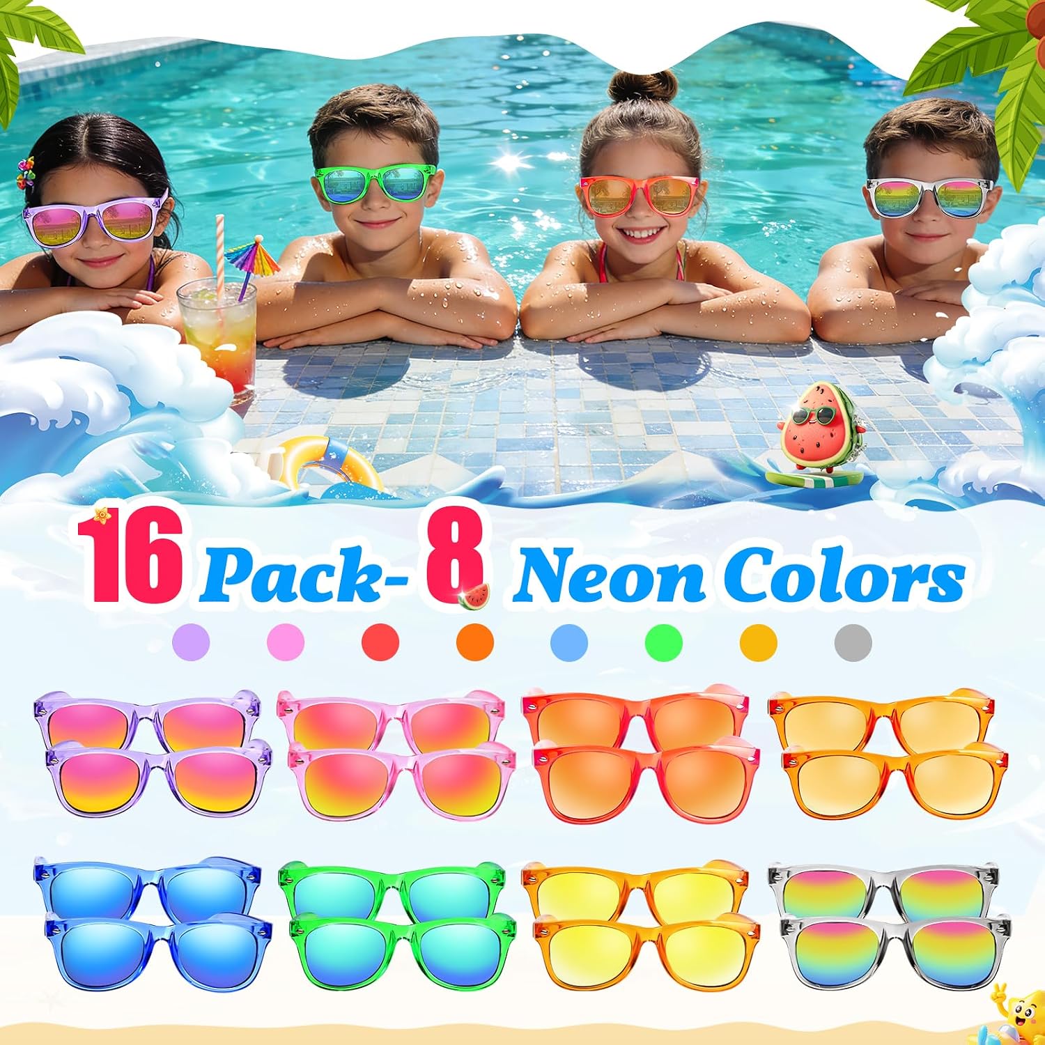 16 Pack Kids Sunglasses Bulk Party Favors - Goodie Bags Stuffers for Children Age 3-8,Boy Girl Neon Glasses with UV400 Protection,Birthday Classroom Graduation Gift,Pool Beach Party Supplies