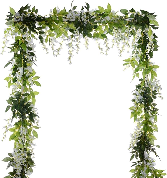 DearHouse 4Pcs 6.6Ft/Piece Artificial Flowers Silk Wisteria Garland Artificial Wisteria Vine Rattan Silk Hanging Flower for Home Garden Outdoor Ceremony Wedding Arch Floral Decor (White)