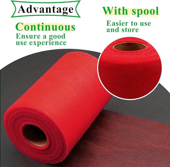 Red Tulle Fabric Rolls 6 Inch by 100 Yards (300 feet) Fabric Spool Tulle Ribbon for Christmas Gift Wrapping DIY Tutu Bow Baby Shower Birthday Party Wedding Decorations Craft Supplies