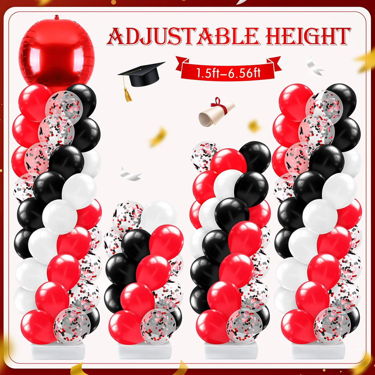 2 Sets Red Black and White Balloon Column Stand Kit, Adjustable Floor Balloon...