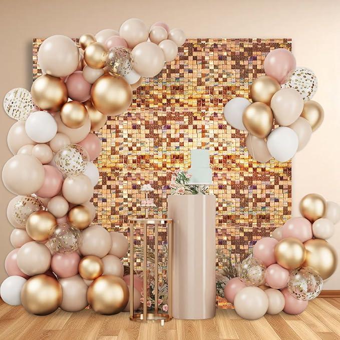 24PCS Champagne Shimmer Wall Backdrop, Laser Square Sequin Photo Backdrops Panel, Glitter Wall Background for Birthdays, Weddings, Christmas, Engagements, Disco Bachelorette Party Decoration (4FTx6FT)