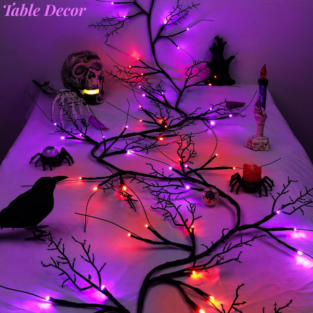 9FT 72 LED Willow Vine Twig Decorations Black Halloween Garland with Orange &...