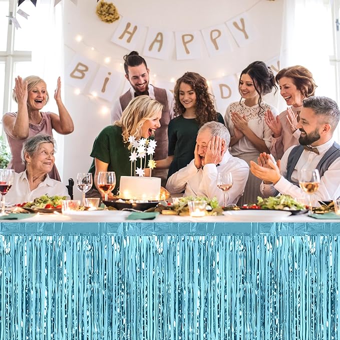 3 Pack 29 x108 Inch Light Blue Foil Fringe Table Skirts Metallic Banner for Tinsel Streamer Garland Backdrop for Parade Floats Wedding Thanksgiving Birthday Christmas New Year Party Decoration