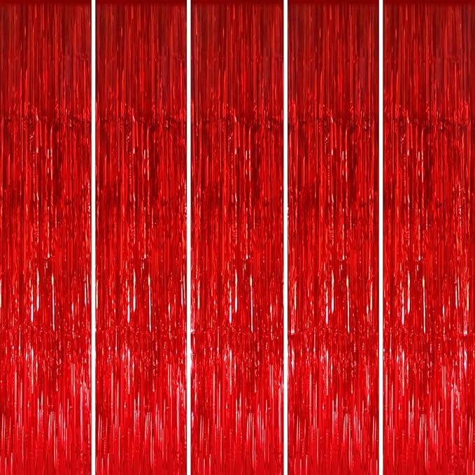 GOER 3.2 ft x 8.2 ft Metallic Tinsel Foil Fringe Curtains Party Photo Backdrop Party Streamers for Birthday,Graduation,New Year Eve Decorations Wedding Decor (5 Packs,Red)