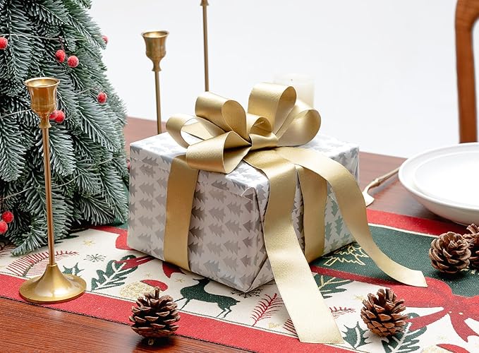 Gold Satin Wired Ribbon 1-1/2 Inch Double-Faced Glitter Ribbons for Wreath, Christmas Tree Decoration, Gift Wrapping, Home Decor 10 Yards
