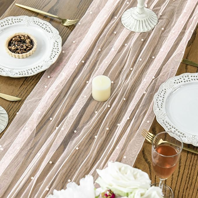 Artoid Mode Pearl Pink Gauze Table Runner 120 Inch 10FT, Seasonal Sheer Dining Holiday Wedding Birthday Baby Shower Table Decor for Home Party