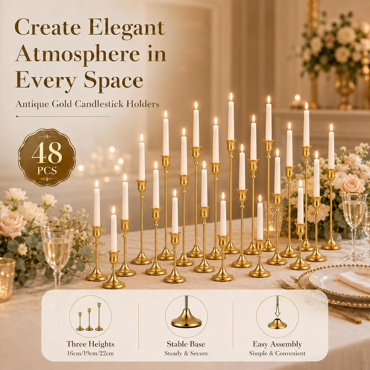 Brass Gold Candlestick Holders Bulk 16 Sets(48 Pcs), Vintage Gold Taper Candl...