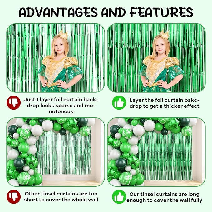 2 Pack Green Foil Fringe Backdrop Curtains, Tinsel Streamers Birthday Party Decorations, Fringe Backdrop for Graduation, Baby Shower, Gender Reveal, Disco Party