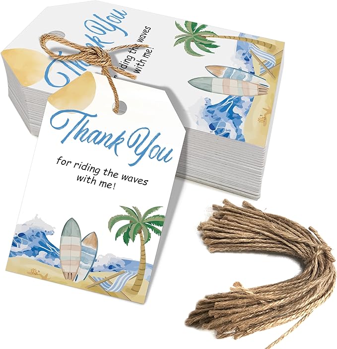 50pcs Surfing Thank You Tags, The Big One Surf Up Favor Tags for Summer Beach Themed Birthday and Baby Shower Party Gift Wrapping Decoration (Surf)