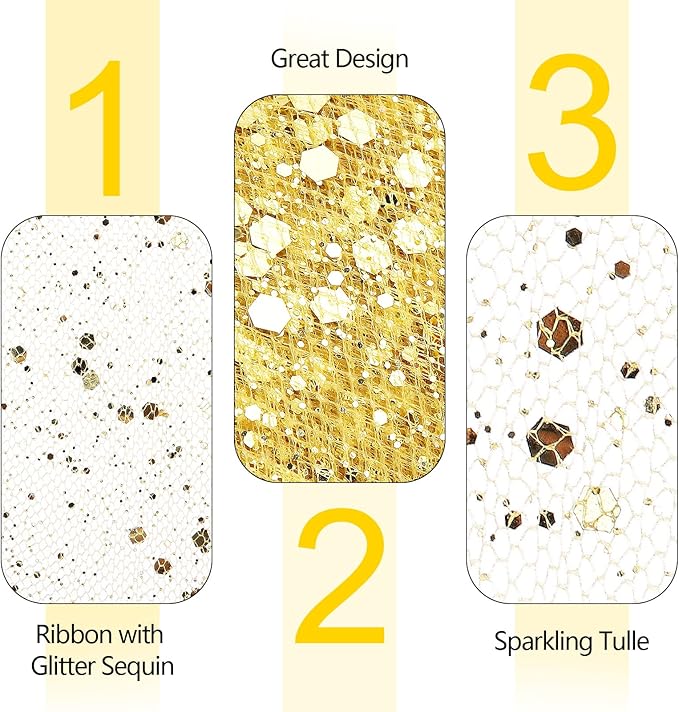 Glitter Tulle Rolls, 6” by 50 Yards (150FT) Sparkling Tulle Spool Ribbon Sequin Tulle Netting Fabric for Tutu Skirt Wedding Birthday Baby Shower (Gold)