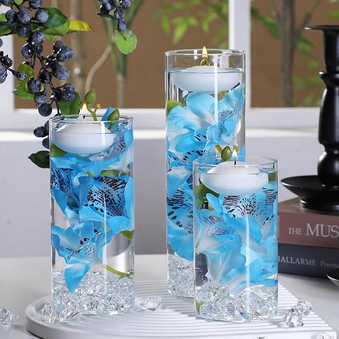 4 PCS Glass Vases for Centerpieces with 5 White Floating Candles 100 Fake Ice Acrylic Rocks Vases Fillers for Party Table Wedding Home Centerpieces Decoration