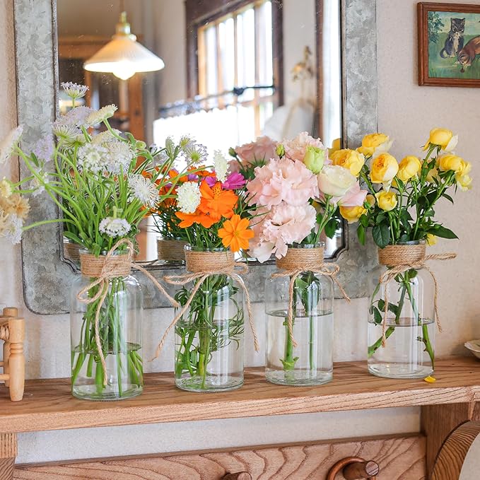 Set of 6 Vintage Glass Vases for Flowers Farmhouse Clear Glass Vases for Centerpieces Small Flower Vases with Twine Ties for Wedding, Parties & Home Decor