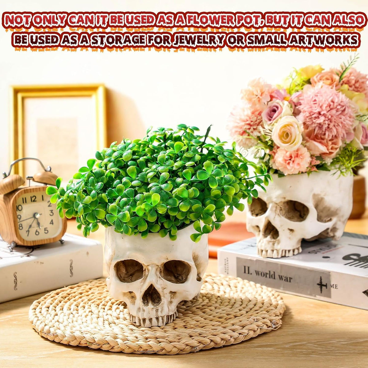 2 Pack Halloween Skull Planter, Antique White, Classic