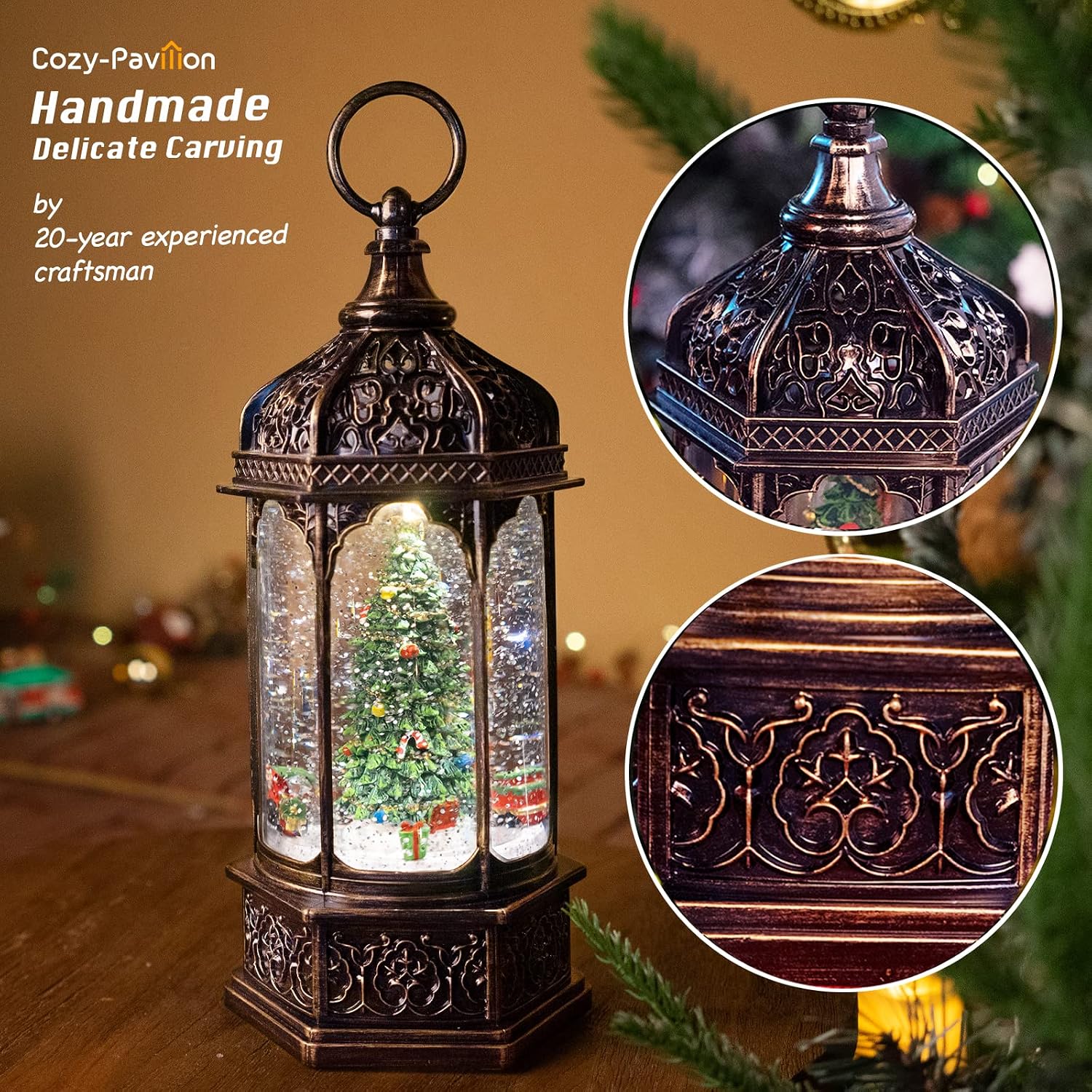 Musical Christmas Tree Snow Globe with Timer, Decorative Trains Rotate with Music, Christmas Ornaments Music Box for Friends, Women, Adults, 12.7''
