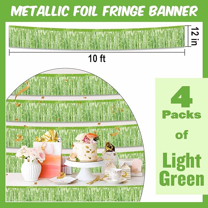 4 Pack 10 Ft Light Green Foil Fringe Garland Metallic Streamers Tinsel Banner Wall Hanging Garland Backdrop for Parade Floats, Halloween, Christmas, Thanksgiving, New Year Party Decorations