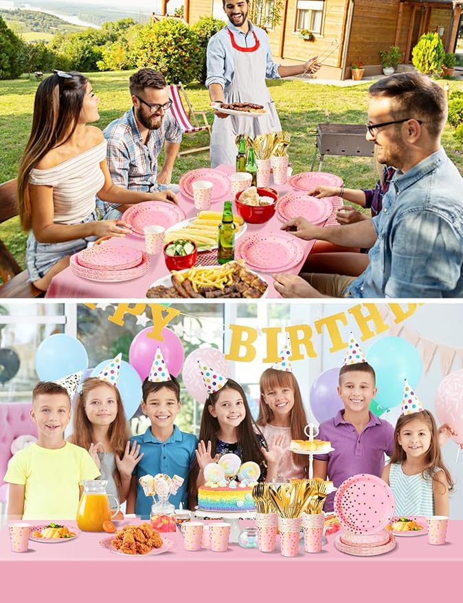 141 Pieces Pink and Gold Party Supplies, Party Dinnerware Sets Include Paper Plates Napkins Cups Silverware, for Wedding Bridal Shower Engagement Birthday Parties Decoration -20 Serves
