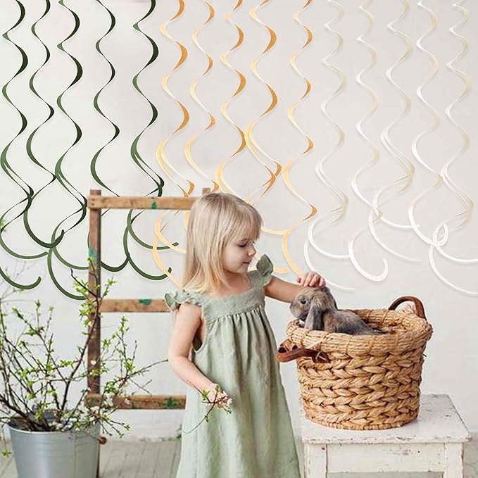 36Pcs Sage Green Hanging Swirl Decoration Olive Green Tan Brown Cream Neutral Felt Swirl Streamer Spiral Ceiling Garland for Greenery Safari Jungle Woodland Birthday Baby Shower Wedding Party Supplies