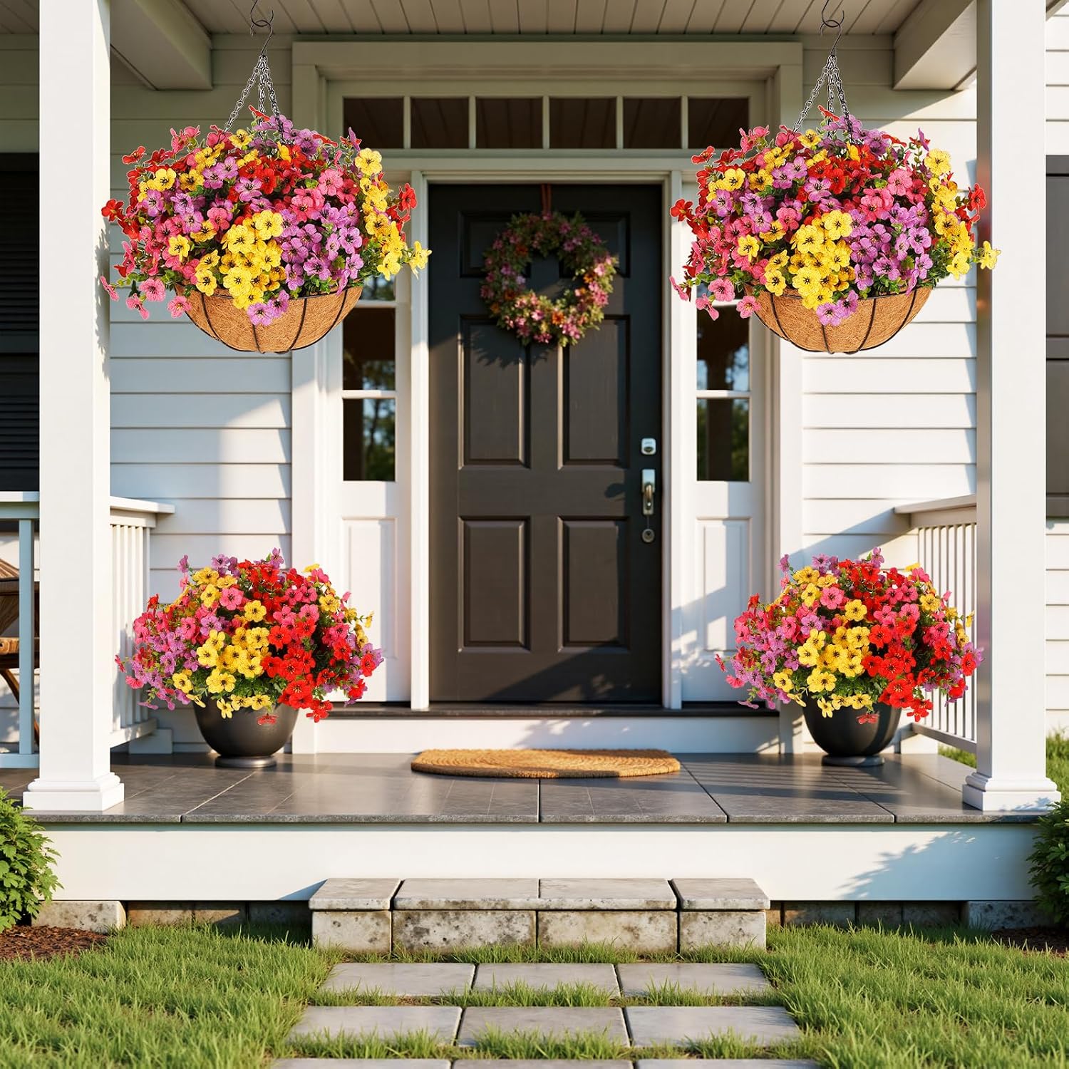 Artificial Outdoors Flowers with Hanging Basket, UV Resistant Fake Hanging Flowers, Faux Silk Plants with Planters for Porch Home Patio Balcony Yard (Rose Red, Purple, Yellow, Red)